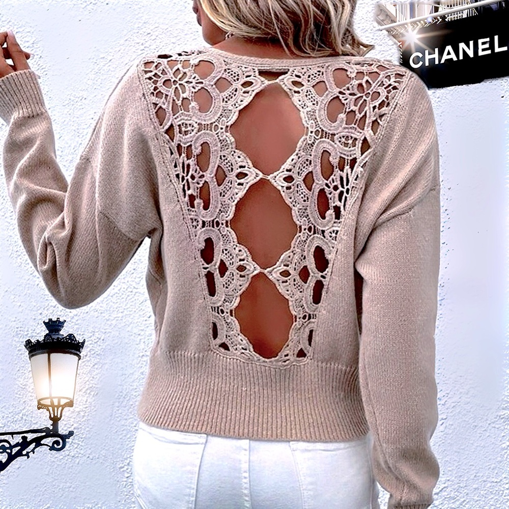 Lace V-Neck Casual Sweater - Picture 1 of 16